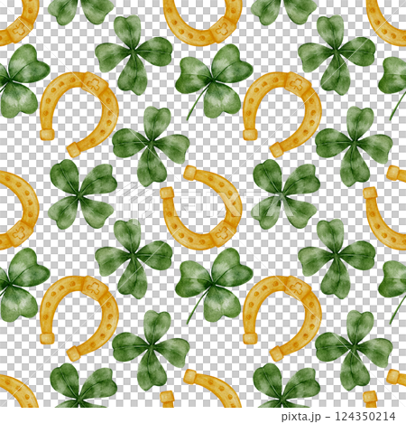 Hand drawn watercolor clovers and horseshoes pattern . Green shamrocks and golden lucky symbols create a festive seamless ornament. Perfect for textiles, wallpapers, packaging, scrapbooking 124350214