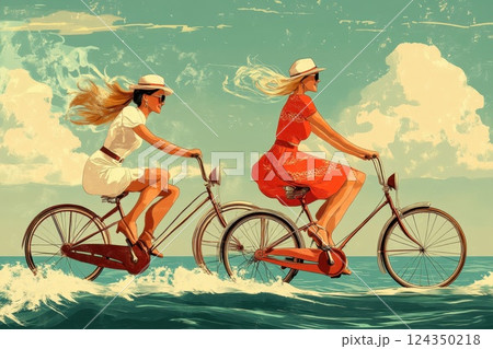 Two young women riding bicycles on water in a dreamlike landscape 124350218