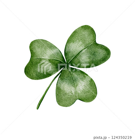Hand drawn watercolor illustration of green shamrocks. Realistic style set of green clover. Perfect for St Patrick's Day, greeting cards, prints, stickers, scrapbooking, textiles, festive decorations 124350219