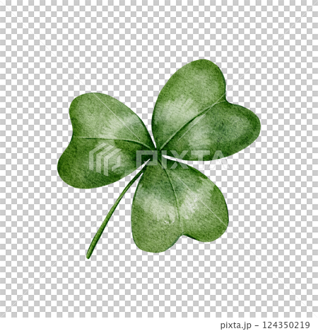 Hand drawn watercolor illustration of green shamrocks. Realistic style set of green clover. Perfect for St Patrick's Day, greeting cards, prints, stickers, scrapbooking, textiles, festive decorations 124350219