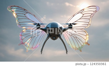 Innovative Drone with Butterfly-Inspired Wings Flying in Bright Day Sky 124350361