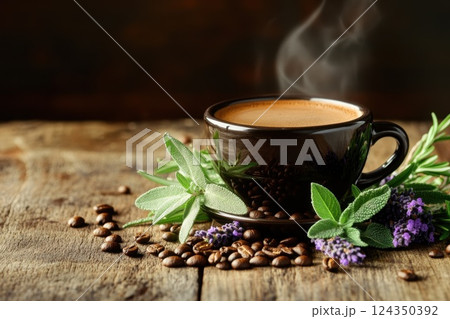 Steaming cup of coffee with coffee beans, lavender and sage on rustic wooden table 124350392
