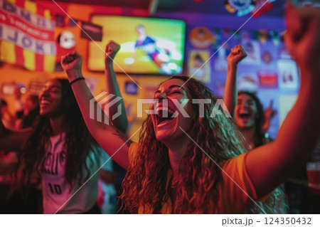 Excited fans celebrating goal in sports bar, raising arms and shouting 124350432