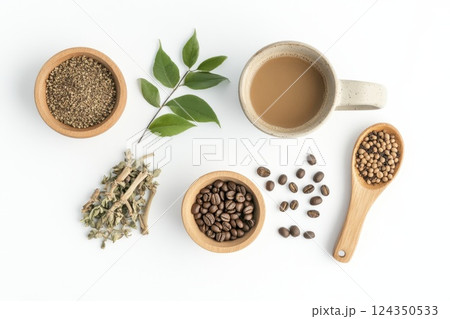 Coffee beans, ground coffee, herbs and coffee cup arranged on white background 124350533