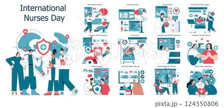 International Nurses Day celebrates the vital role of nurses in healthcare. This illustration highlights various nursing tasks such as patient care, education, emotional support, and teamwork 124350806