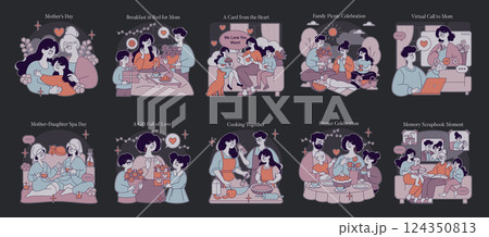 Mother's Day celebration activities reflect love and appreciation. Gatherings for making memories include breakfast in bed, card creation, family picnics, and cooking together, showcasing heartfelt 124350813