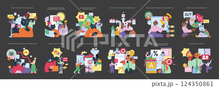 Marketing tools for effective audience engagement and content delivery. Steps for creating customer personas, optimizing strategies, and enhancing customer interactions. Key for brand growth. Vector 124350861