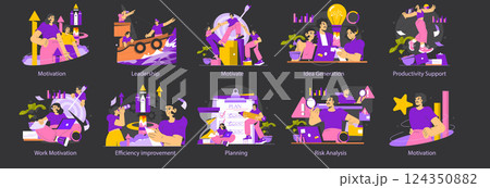 Motivation illustration set for personal and professional development. Featuring themes like leadership, productivity support, idea generation, and planning. Captures the essence of motivation in 124350882