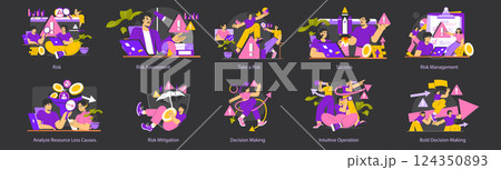 Risk management concepts illustrated with various personas engaging in activities such as risk assessment, decision-making, and mitigation. Emphasizes analysis and development of strategies for 124350893
