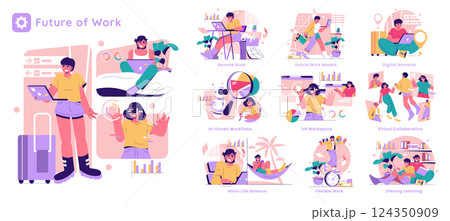Future of Work concept. Illustration explores modern work trends like remote jobs, VR environments, and AI integration. Features diverse workers in innovative settings. 124350909