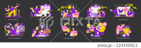 Decision Making set. Focuses on various aspects of decision making in a team context. Illustrates processes like comparisons, niche selection, and executing plans for better outcomes. Vector Decision Making set. Focuses on various aspects of decision making in a team context. Illustrates processes like comparisons, niche selection, and executing plans for better outcomes. Vector 124350911
