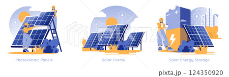 Solar Power illustration showcases the process and benefits of renewable energy. It depicts individuals working with photovoltaic panels, solar farms, and energy storage solutions for sustainable 124350920