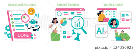 Online learning framework showcasing educational assistants, rational planning methods, and AI training interactions. Visual representation of productive engagement and efficient strategies in 124350928