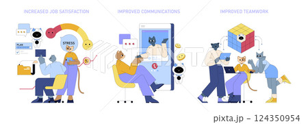 AI Boosts Mid-Sized Business Productivity Set. Illustrates increased job satisfaction, improved communications, and teamwork with anthropomorphic cats. AI Boosts Mid-Sized Business Productivity Set. Illustrates increased job satisfaction, improved communications, and teamwork with anthropomorphic cats. 124350954