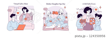 Mothers Day illustration showing a virtual call to mom, a mother-daughter spa day, and a heartfelt gift exchange. Celebrating love, connection, and cherished moments, perfect for honoring mothers Mothers Day illustration showing a virtual call to mom, a mother-daughter spa day, and a heartfelt gift exchange. Celebrating love, connection, and cherished moments, perfect for honoring mothers 124350956