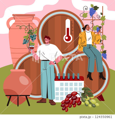 National Wine Day celebration vector illustration featuring friends enjoying wine near large barrels and vine. National Wine Day celebration vector illustration featuring friends enjoying wine near large barrels and vine. 124350961