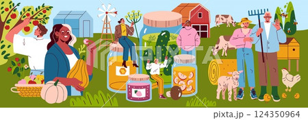 Self-sufficient garden illustration showcasing vibrant farm life with diverse people engaging in activities such as harvesting, preserving, and animal care. It reflects community spirit and 124350964