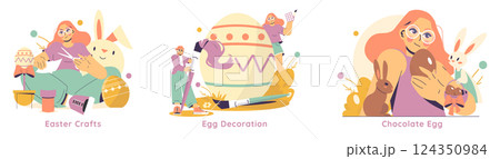 Easter celebration illustration highlighting festive activities like crafting, egg decoration, and enjoying chocolate eggs. It captures the joy of creating sweet memories during the holiday. Vector 124350984