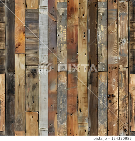Highresolution image of rustic reclaimed wood planks with textures and colors, perfect for design, decor, backgrounds in construction, crafts, flooring, home interiors, and more 124350985