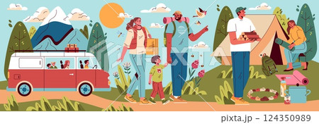 Family camping adventure in nature with a van, hiking, and setting up a campsite. Enjoy outdoor activities, quality time, and exploration in a picturesque landscape filled with mountains and greenery 124350989