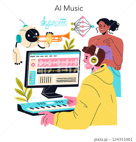 AI Music concept. Engaging scene of musicians collaborating with an AI robot to create music. The illustration highlights the fusion of technology and creativity in modern music production. Vector 124351001