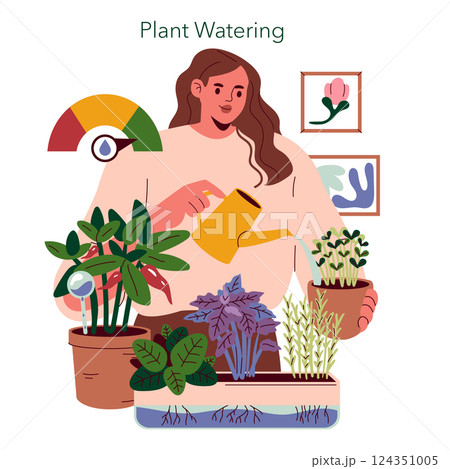 The illustration showcases a person engaged in plant watering, surrounded by various potted plants, emphasizing the importance of caring for greenery. Highlights a water gauge for optimal hydration 124351005