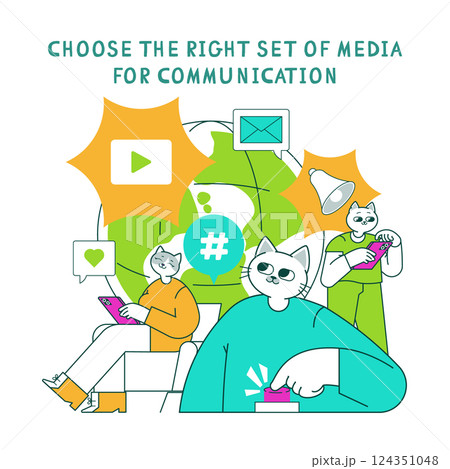 Marketing tools illustration showcasing various media options for effective communication. It features characters interacting through digital devices, emphasizing the importance of choosing the right 124351048