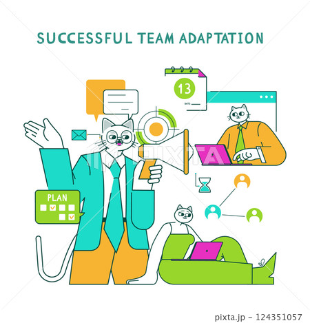 Business cats collaborating effectively in a modern workspace, showcasing successful team adaptation. Communication strategies, planning tools, and remote work dynamics are highlighted in a playful Business cats collaborating effectively in a modern workspace, showcasing successful team adaptation. Communication strategies, planning tools, and remote work dynamics are highlighted in a playful 124351057
