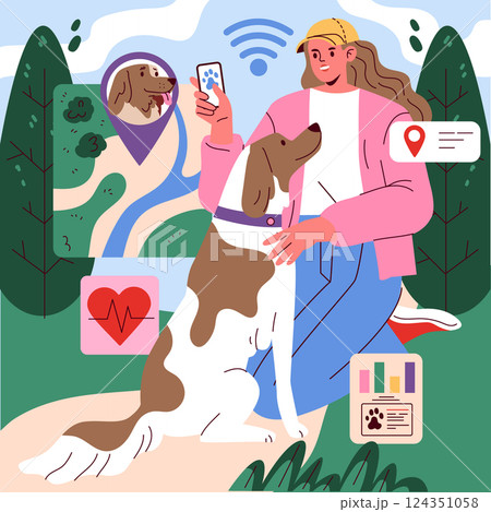 Pet gadgets enhance owner-pet interactions through technology. An owner checks a pet app while enjoying quality time with their dog, showcasing the benefits of connectivity and modern pet care. Vector Pet gadgets enhance owner-pet interactions through technology. An owner checks a pet app while enjoying quality time with their dog, showcasing the benefits of connectivity and modern pet care. Vector 124351058