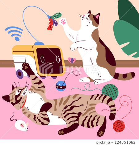 Pet gadgets enhance playtime for cats, showcasing interactive toys that engage their natural instincts. This illustration features playful interactions, inviting enjoyment and curiosity in a lively Pet gadgets enhance playtime for cats, showcasing interactive toys that engage their natural instincts. This illustration features playful interactions, inviting enjoyment and curiosity in a lively 124351062
