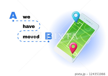 We have moved banner, featuring bold letters A and B connected by a dashed path, symbolizing transition. Ideal for relocation announcements, business updates, and navigation concepts. Isolated on a 124351066