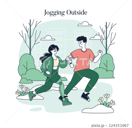 Spring introduces warmth as people jog outside enjoying nature. Fresh blooms and green surroundings create a lively atmosphere, fostering health, connection, and the joy of outdoor activity. Vector 124351067