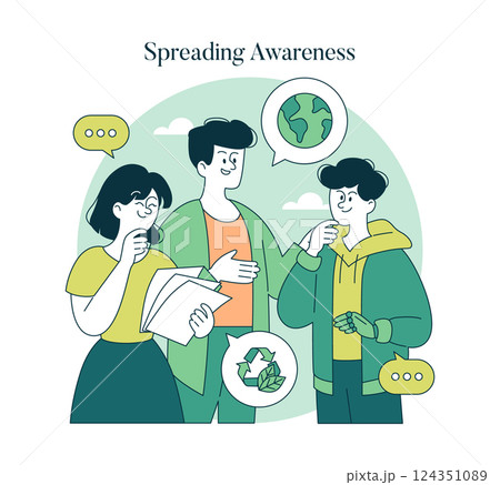 Earth Day illustration emphasizing environmental awareness. Three individuals engage in meaningful discussion about sustainability, recycling, and protecting the planet. Celebrating collective Earth Day illustration emphasizing environmental awareness. Three individuals engage in meaningful discussion about sustainability, recycling, and protecting the planet. Celebrating collective 124351089