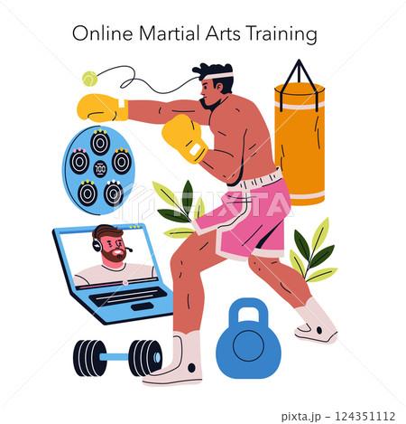Online martial arts training concept featuring a boxer engaging with virtual coaching. The illustration captures the essence of remote fitness, combining physical activity and technology in a dynamic Online martial arts training concept featuring a boxer engaging with virtual coaching. The illustration captures the essence of remote fitness, combining physical activity and technology in a dynamic 124351112