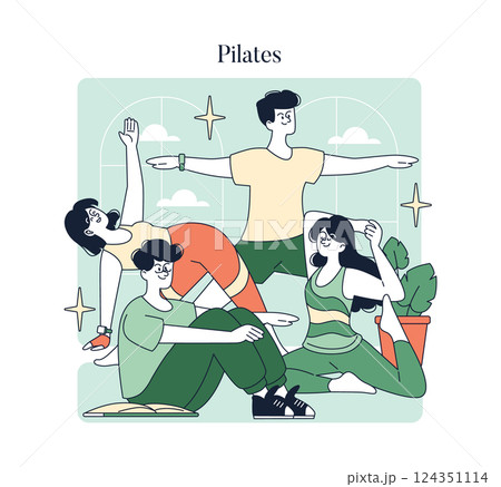 Pilates illustration showcasing a diverse group engaging in various poses, emphasizing balance and strength. The scene highlights the joy and focus of participants in a serene, supportive environment. Pilates illustration showcasing a diverse group engaging in various poses, emphasizing balance and strength. The scene highlights the joy and focus of participants in a serene, supportive environment. 124351114