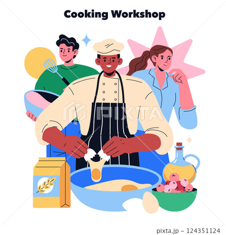 Cooking workshop with participants engaged in various culinary activities. Emphasizes teamwork and learning new skills in a lively kitchen environment. Perfect for promoting culinary classes and 124351124