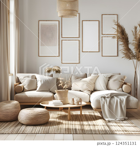 The living room features a lovely design with neutral tones, modern decor, comfortable seating, natural elements, and chic artwork, establishing a serene and sophisticated ambiance 124351131