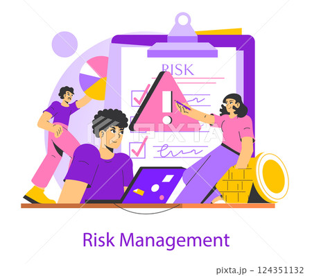 Risk management concept illustrating the assessment and control of uncertainties. Individuals analyze risks on a checklist while engaging in discussions to ensure effective decision-making. Vector 124351132