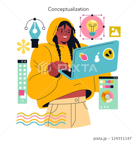 Conceptualization in digital design illustrates a person engaging with technology to innovate and create. Surrounded by tools, the scene captures creativity, inspiration, and digital skill. Vector 124351147