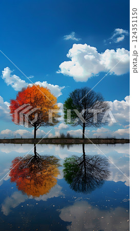 Imagine a beautiful scene of a lone tree in different seasons, mirroring in a serene lake under a clear sky with fluffy clouds, combining tranquility and the vibrant colors of nature 124351150