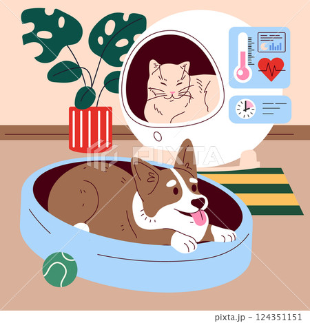 Pet gadgets enhancing the lives of furry friends. This illustration features a cozy setting with a cat in a high-tech habitat and a relaxed dog, showcasing pet comfort and technology integration. 124351151