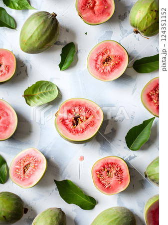 Highangle view of fresh guava halves and green leaves on a luxurious marble background. Ideal for food photography, culinary blogs, and promoting healthy eating concepts 124351152