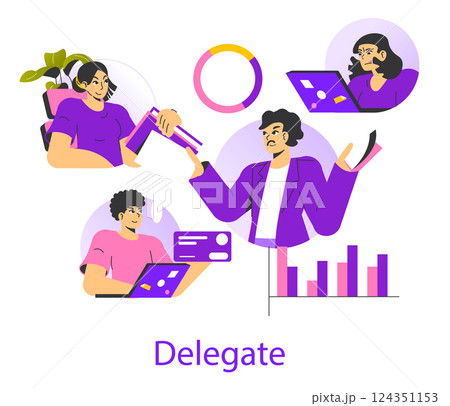 Goal achievement through effective delegation illustrated by diverse team members interacting and sharing tasks. Emphasizing collaboration, productivity, and organizational success. Vector 124351153