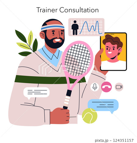 Remote personal training session with a focus on tennis techniques. Features a trainer holding a racket, consulting a client via video call. Promotes fitness, motivation, and technology in sports 124351157