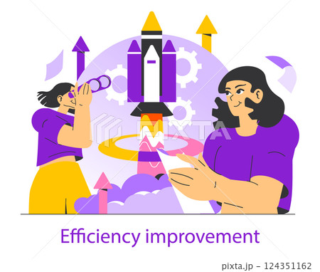 Motivation and productivity drive efficiency improvement. Aspiring individuals explore innovative solutions while expressing ideas and goals. The illustration emphasizes growth, teamwork, and 124351162