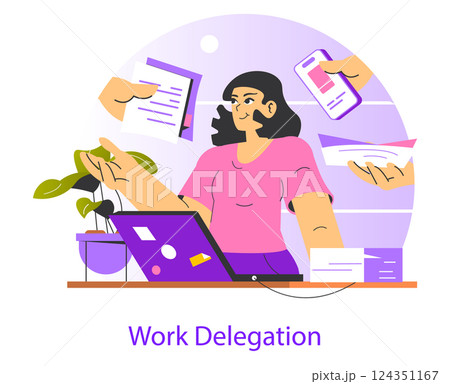 Work delegation is essential for productivity and team collaboration. This illustration captures a moment of task assignment, demonstrating effective communication in a professional environment. 124351167