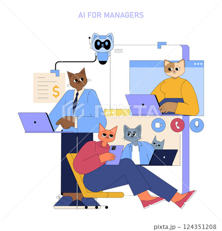 AI for Managers illustrates how artificial intelligence enhances management tasks. It highlights modern roles, technology integration, and collaboration in the workplace. A blend of creativity and 124351208