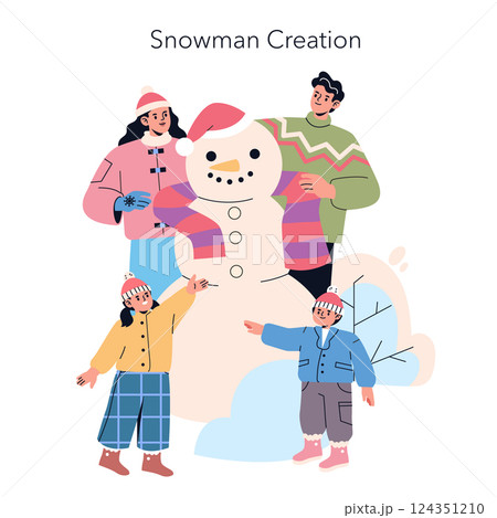 A family enjoys a fun winter day outdoors as they create a snowman together. Dressed in colorful winter attire, they share smiles and laughter, capturing the festive spirit of the holiday season. 124351210