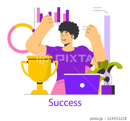 Goal achievement illustration shows a person celebrating success with raised fists beside a trophy and graphs. This image encapsulates motivation, progress, and the triumph of hard work. Vector 124351228