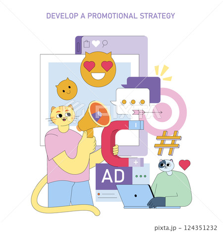 Promotional strategy development illustration, showcasing a diverse visual approach to marketing concepts. Engaging graphics including animals and digital elements aiming to capture audience interest 124351232
